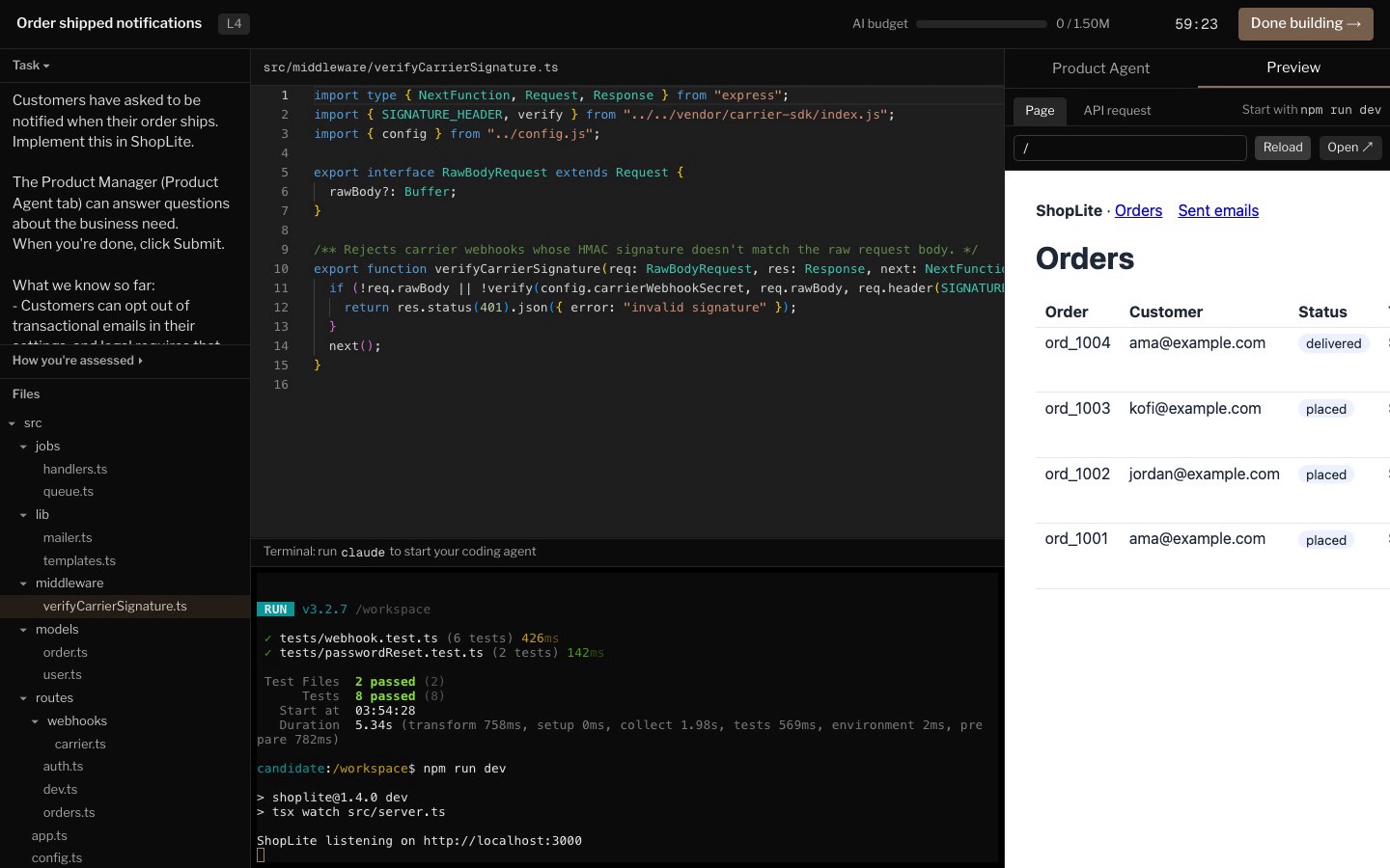 The practice workspace: files, editor, terminal with tests passing, and the running app
